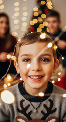 Smiling young boy wearing reindeer sweater amidst festive fairy lights, evoking joy and holiday cheer.