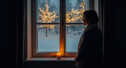 Woman gazing at winter wonderland through frosted window, candlelit scene conveys warmth, solitude, and quiet contemplation during snowy evening.