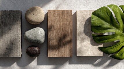 Flat lay of natural elements wood planks, smooth stones, and a lush green leaf. Light and shadow create depth