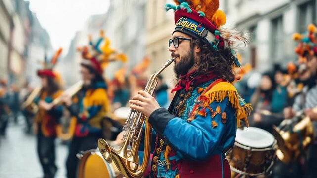 A festive scene of Basel Carnival musicians, known as "Cliques," playing piccolos and drums, with a lively audience in the background. Basel carnival