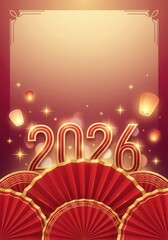 Happy New Year 2026 Celebration with Red Fans and Lanterns.