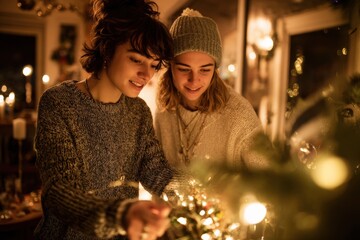 Festive Love: Lesbian Couple Adding an Inclusive Seasonal Touch to a Small Tree with Minimal Wreath in Warm Bokeh Lighting