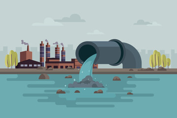 Environmental pollution caused by industrial production. A factory emits smoke through its chimneys, and wastewater from the stack is discharged into a river. Vector illustration.
