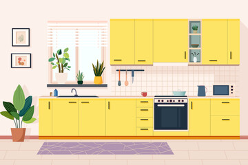 Modern yellow kitchen with a sink, microwave, oven, dishes, flowers, and square. Kitchen interior in yellow colors for design. Vector illustration of a yellow modern kitchen room.