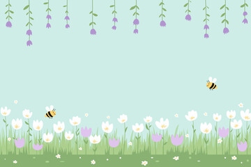 Beautiful spring meadow with flowers and bees. Floral and plant frame for spring and summer backgrounds. Spring landscape with beautiful nature, vector illustration.