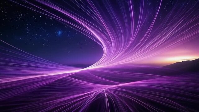 Deep purple cosmic horizon with glowing threads drifting slowly in ethereal atmosphere