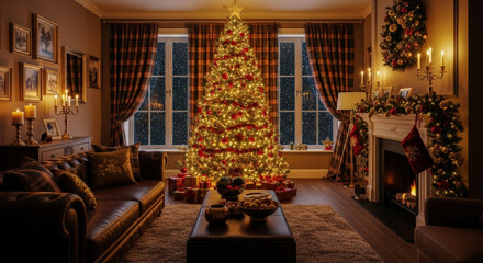 Cozy living room decorated for Christmas, with a richly adorned tree, warm candlelight, and a snow-covered window view.