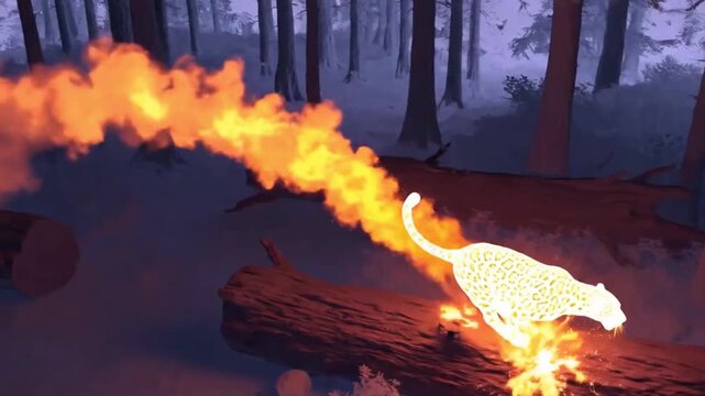 Leopard Running Through Forest Fire, Glowing With Flames, A Majestic Display Of Survival