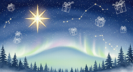Magical Christmas night scene with constellation gifts, aurora borealis, and snowy pine forest landscape.