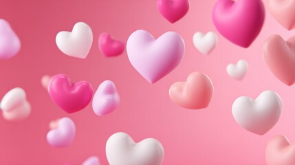 3D rendered image of many floating, smooth, rounded hearts in various shades of pink and white, on a pink gradient