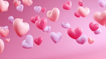 Soft focus image of various size 3D hearts floating against a gradient pink backdrop, celebrating love and affection