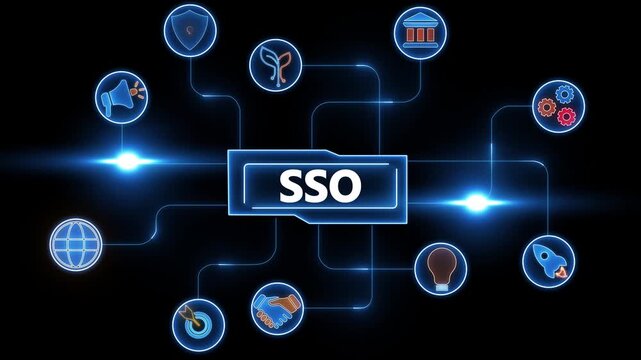 Digital SO Single Sign- On concept with interconnected icons and glowing blue lines on black background