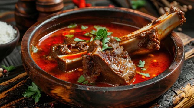 A bowl of delicious beef soup topped with fresh herbs.