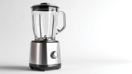 A modern stainless steel blender sits on a white background.