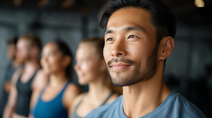 Obraz premium Faceless group of athletic Asian men and women stand together in gym, diverse fitness community, multicultural workout group, team exercise gathering, defocused participants, with