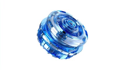 A futuristic, transparent blue object with intricate circular detailing floats.