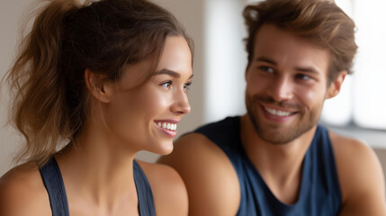Faceless cheerful duo dressed in gym attire sharing light-hearted moment and enjoying indoor workout session, illustrating companionship and physical fitness, defocused pair, with