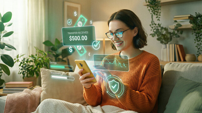 Happy woman receives money transfer notification using secure mobile banking app.