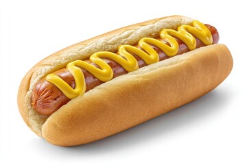 A classic hot dog with mustard on a bun is a popular fast food item.