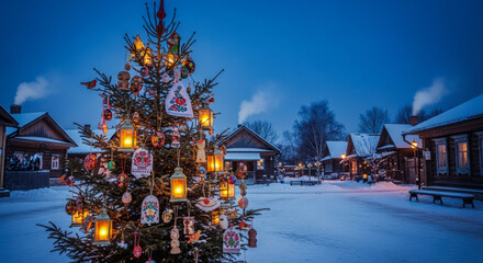 Traditional Russian Christmas Tree with Ornaments and Lanterns Lit in Snowy Village at Dusk, Festive Holiday Scene
