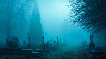 An eerie cemetery shrouded in thick fog, stone crosses and headstones barely visible, creating a chilling atmosphere