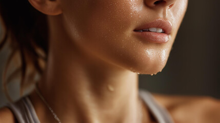 Faceless closeup of throat of sweating woman after workout, post-exercise perspiration, fitness recovery moment, athletic exertion evidence, defocused neck area with moisture, with