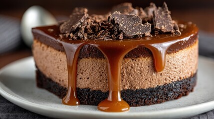 A decadent chocolate dessert with rich caramel sauce is served on a plate.