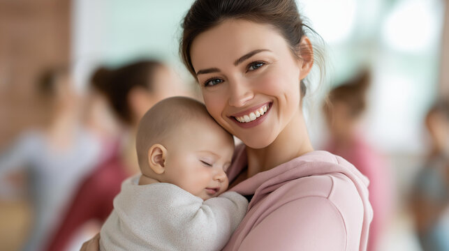 Faceless cheerful mother holding baby participates in group exercise class, surrounded by other moms and babies, capturing moment of shared wellness and community, defocused faces,