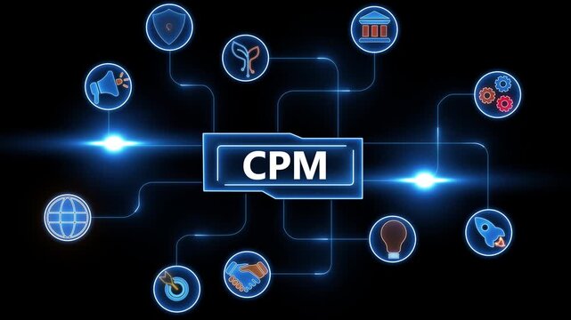 Digital marketing CPM concept diagram with connecting icons and glowing blue lights on black background