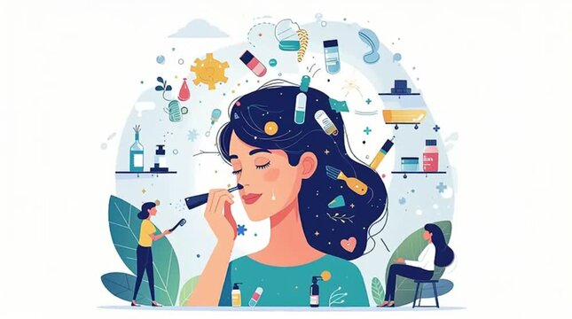 Vibrant flat design illustration depicting a woman's creative and comprehensive beauty and self-care routine, surrounded by various cosmetic products and tools.
