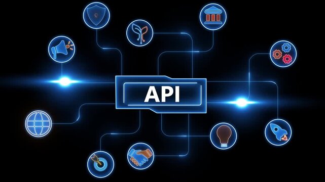 Digital network diagram with central API text and surrounding icons representing business and technology concepts