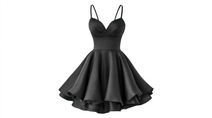 A short black cocktail dress with a fitted bodice and flared skirt is presented.