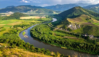 mountain landscape with lake and mountains