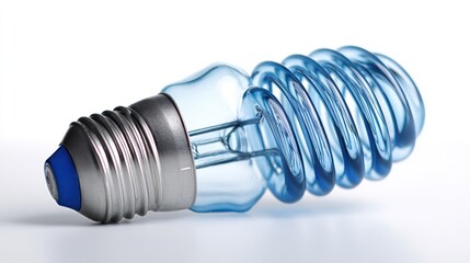 A blue spiral energy-saving light bulb lies on a white surface.