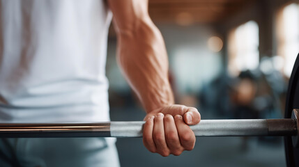 Faceless man standing by barbell at gym, weightlifting preparation, strength training readiness, powerlifting setup, fitness center equipment area, defocused person, with copy spac