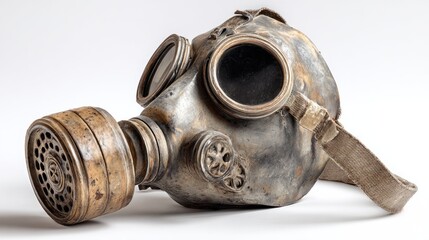 A vintage gas mask rests against a clean white background with its filter facing forward.