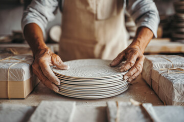 Shopping crafts handmade goods handmade products artisan arranging handcrafted ceramic plates showcasing authentic pottery craftsmanship
