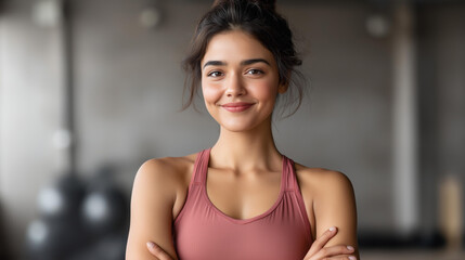 Fototapeta premium Faceless portrait of happy young woman of Indian ethnicity standing in modern gym, ethnic diversity in fitness, multicultural athletic environment, defocused person, with copy spac