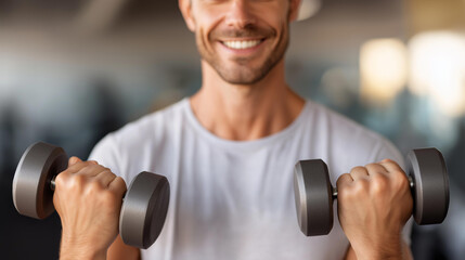 Faceless muscular man working out in gym doing exercises with dumbbells at biceps, strong male strength training, weightlifting workout, bodybuilding session, defocused athlete, wi