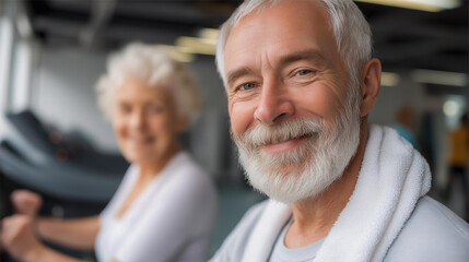 Fototapeta premium Faceless senior woman man exercise gym fitness couple sport healthy elderly health training active happy treadmill old fit mature female adult workout body vitality, defocused olde