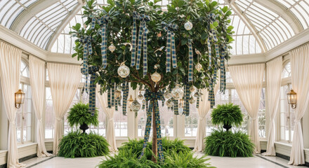 Festive ficus tree with blue ribbons and ornaments suspended in a bright, elegant glass conservatory celebrating winter holidays.