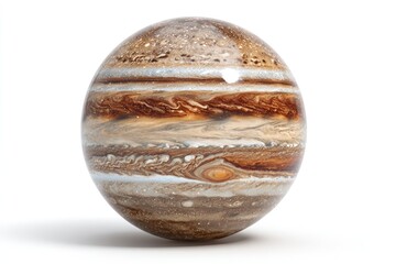 The planet Jupiter, a massive gas giant with distinct cloud bands, is shown against a white background.