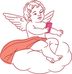 Fototapeta premium Cherub Texting On Cloud Line Art