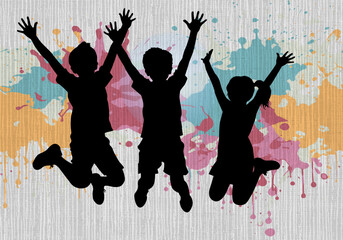 Joyful jumping kids silhouettes with raised hands on a colorful paint splatter background, playful three children celebrating together