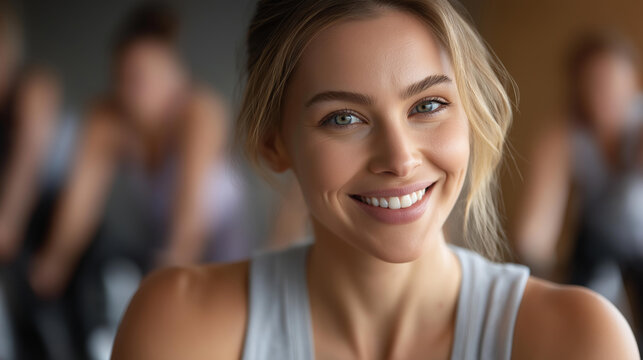 Faceless portrait of happy woman doing stationary bicycle exercises with group of people, cycling class participation, spin workout session, group cardio training, defocused person