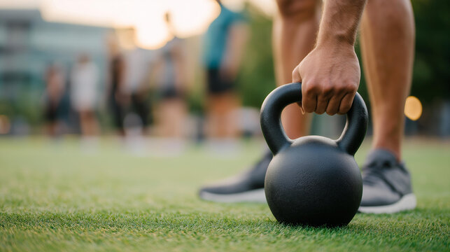 Faceless kettlebell weightlifting group training after lockdown outside city, get in shape outdoor fitness, post-quarantine exercise, community workout session, defocused participa