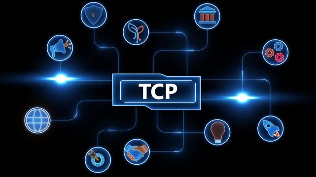 TCP network diagram with connected icons representing various business and technology concepts on a dark background