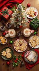 Festive Christmas Still Life: Gingerbread Cookies, Miniature Tree, Gifts, and Hot Chocolate on a Wooden Table