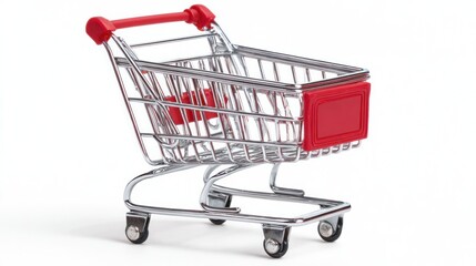 A shiny metal shopping cart with red accents stands ready for use.