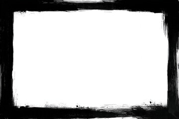 Grunge black ink brushstroke photo frame border on clean white background, rough paint texture, distressed vintage edge, empty copy space template for poster, flyer, banner, mockup design in HD format